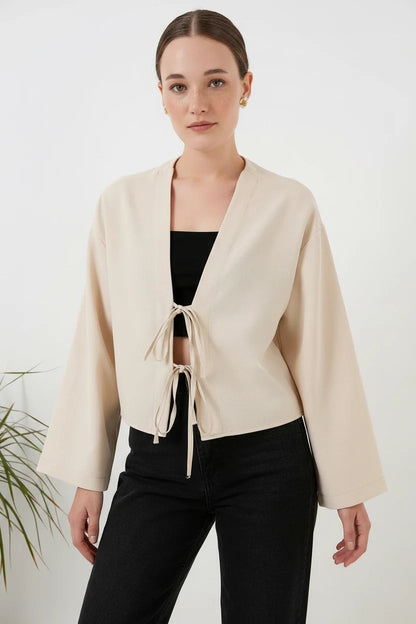 Kadın Yaka Önden Bağlamalı Önü Keten Krem Kimono
