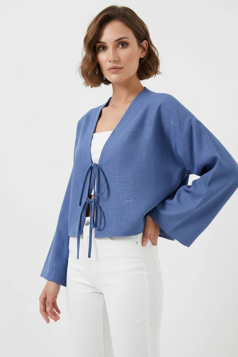 Kadın V Yaka Önden Bağlamalı Önü Keten İndigo Kimono