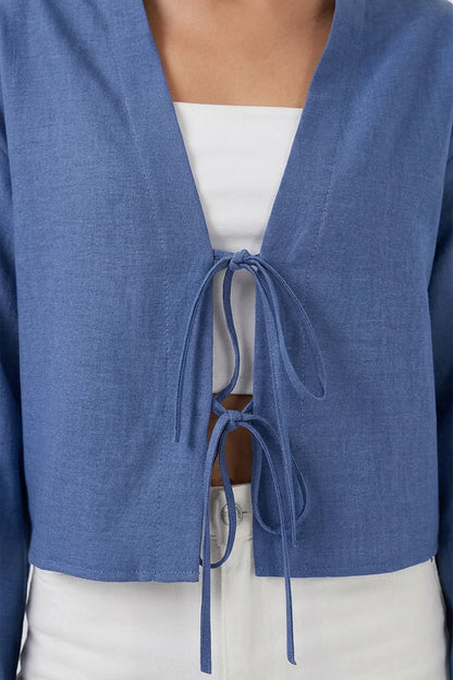 Kadın V Yaka Önden Bağlamalı Önü Keten İndigo Kimono