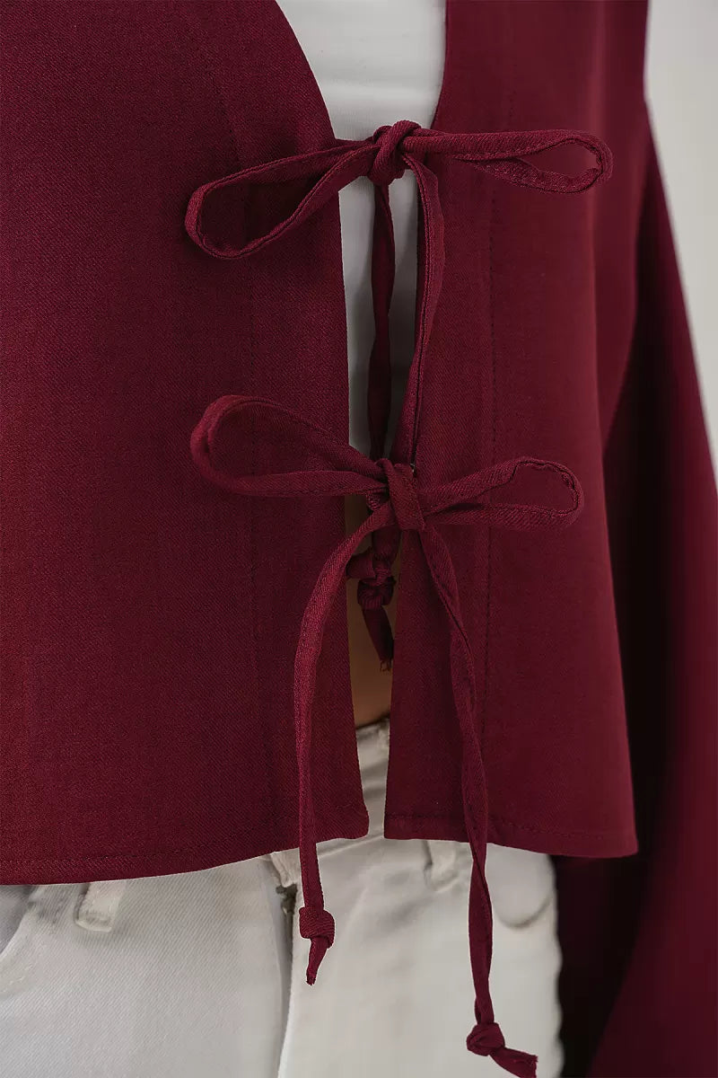 Kadın V Yaka Önü Bağlamalı Keten Bordo Kimono