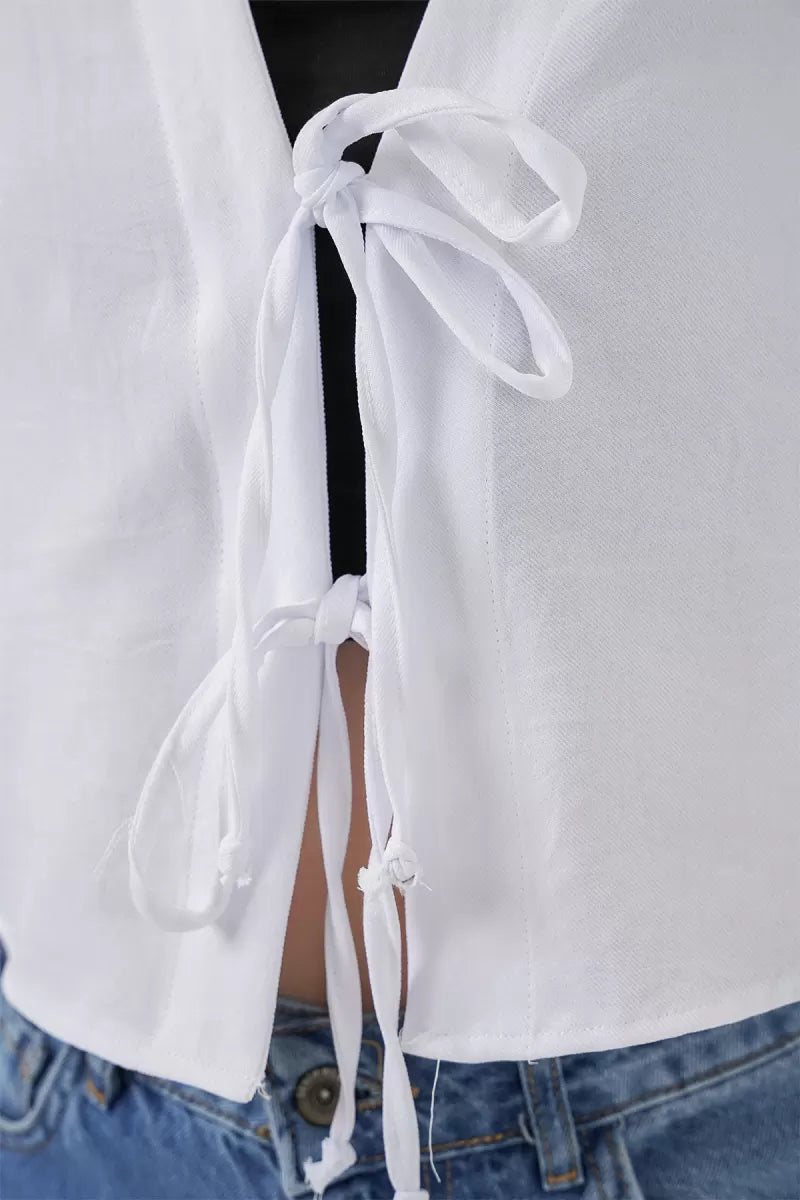 Kadın V Yaka Önden Bağlamalı Önü Viskon Beyaz Kimono