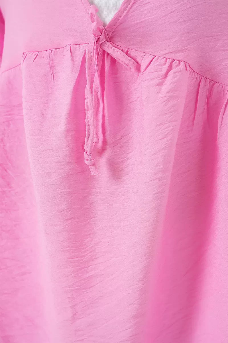 Kadın Yuvarlak Yaka Beli Büzgülü Kısa Kol Fırfırlı Ucu Viskon Pembe Bluz