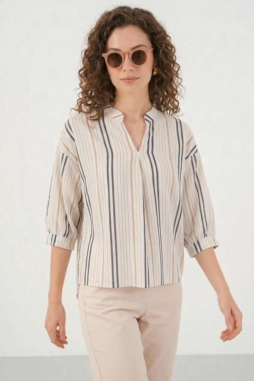 Kadın V Yaka Oversize Çizgili Bej Bluz