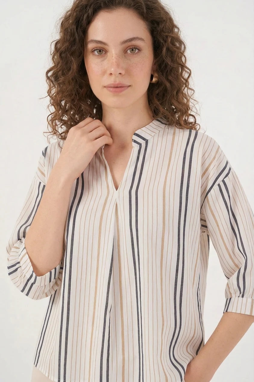 Kadın V Yaka Oversize Çizgili Bej Bluz