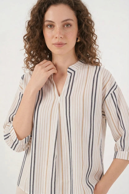 Kadın V Yaka Oversize Çizgili Bej Bluz
