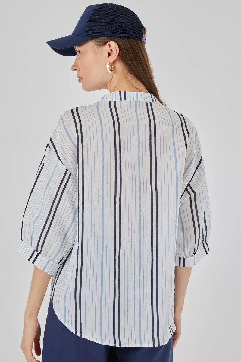 Kadın Gömlek Yaka Oversize Çizgili Pamuklu Açık Mavi Bluz