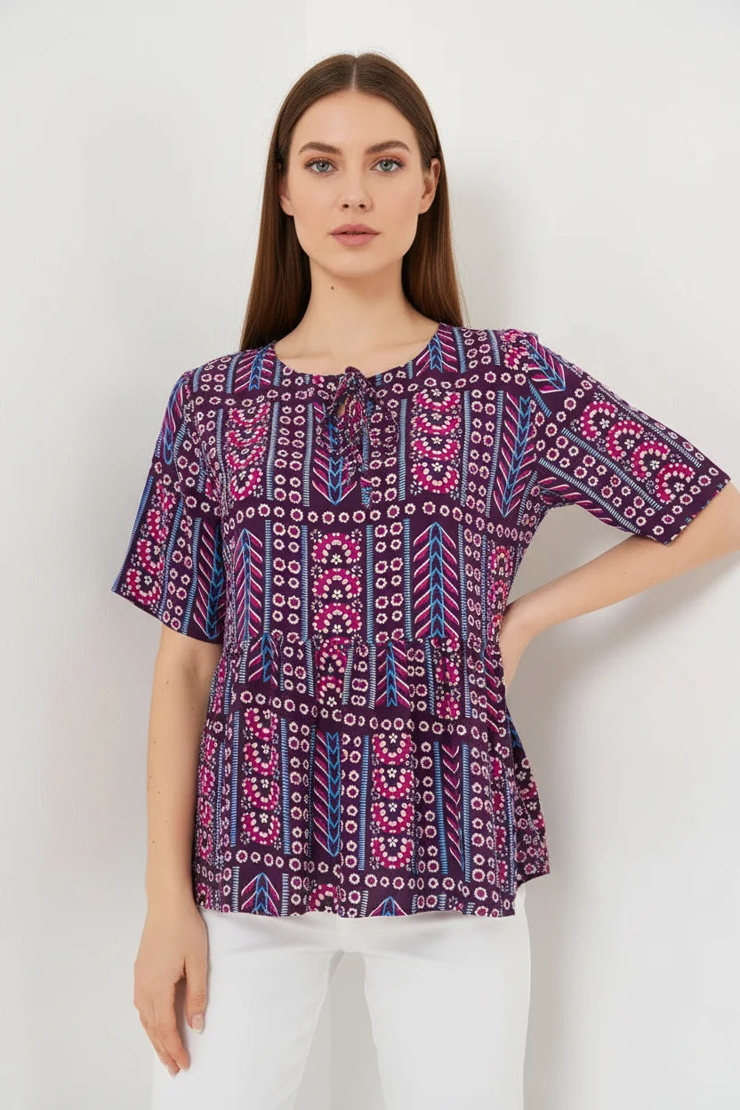 Kadın Bagcıklı Bol Kesim Kısa Kol Desenli Viskon Bordo Bluz