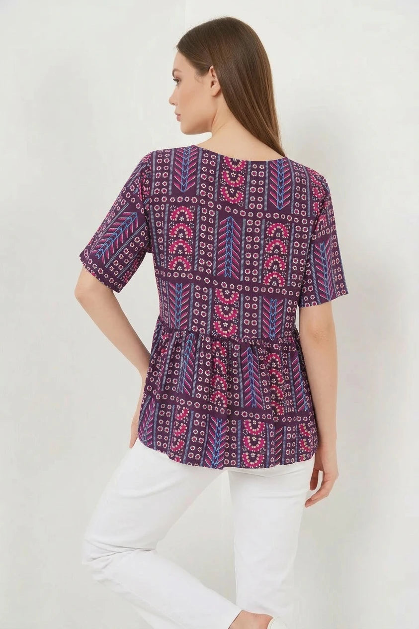 Kadın Bagcıklı Bol Kesim Kısa Kol Desenli Viskon Bordo Bluz