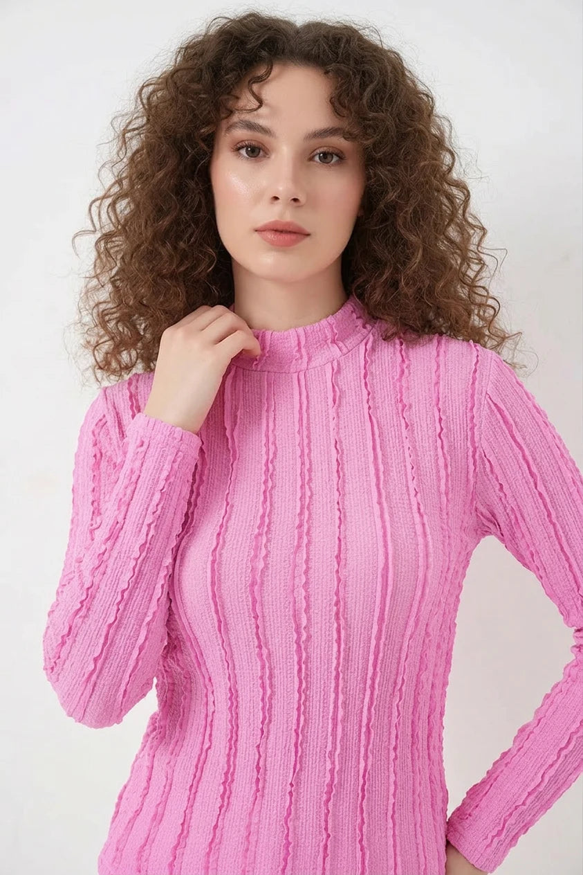 Kadın Yüksek Yaka Dokulu Bluz