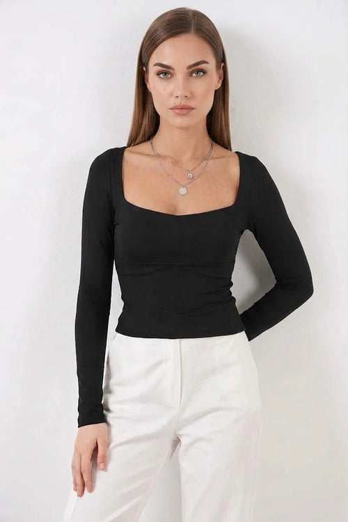 Kadın Kare Yaka Slim Fit Uzun Kol Bluz