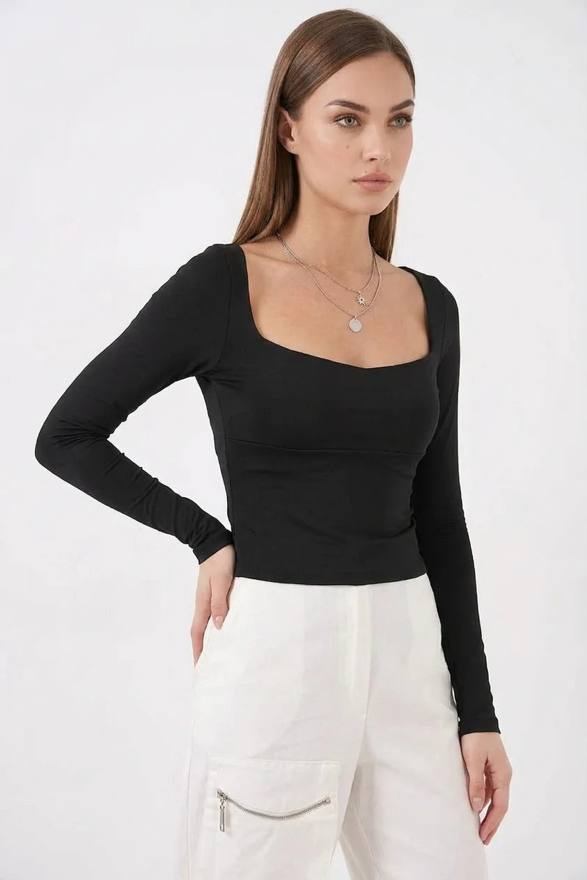 Kadın Kare Yaka Slim Fit Uzun Kol Bluz