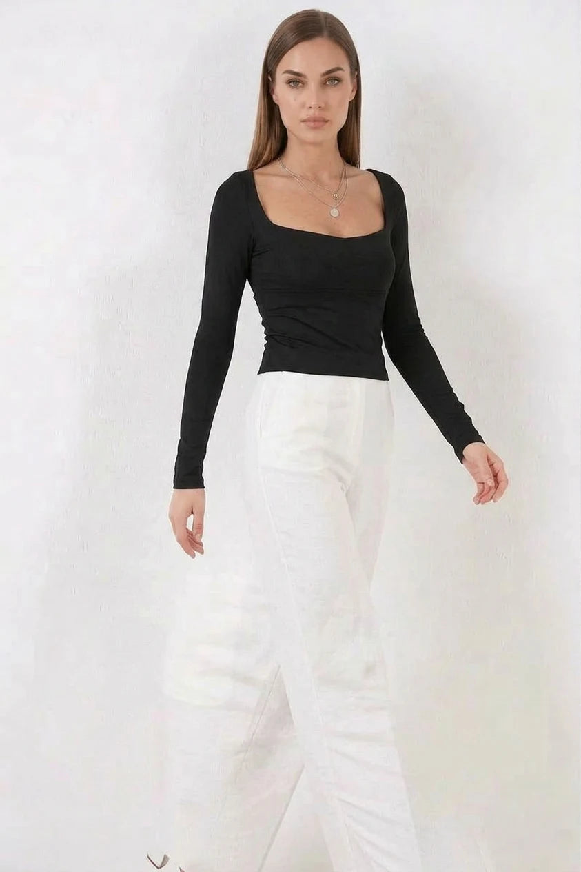 Kadın Kare Yaka Slim Fit Uzun Kol Bluz
