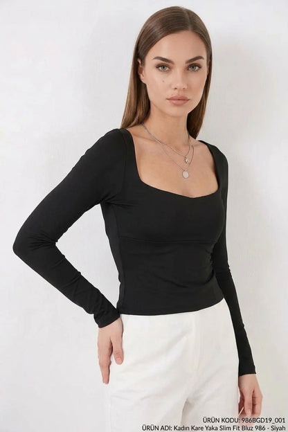 Kadın Kare Yaka Slim Fit Uzun Kol Bluz