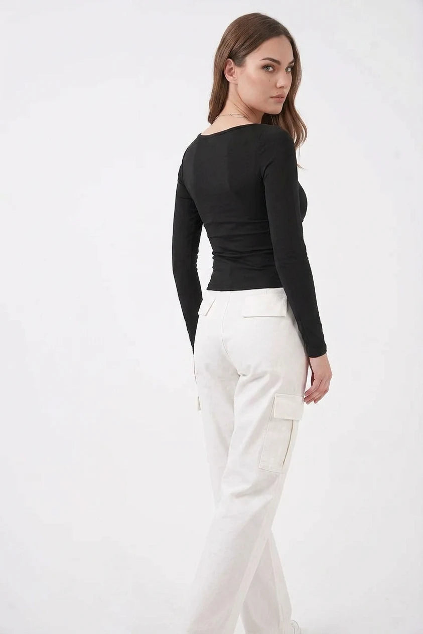 Kadın Kare Yaka Slim Fit Uzun Kol Bluz