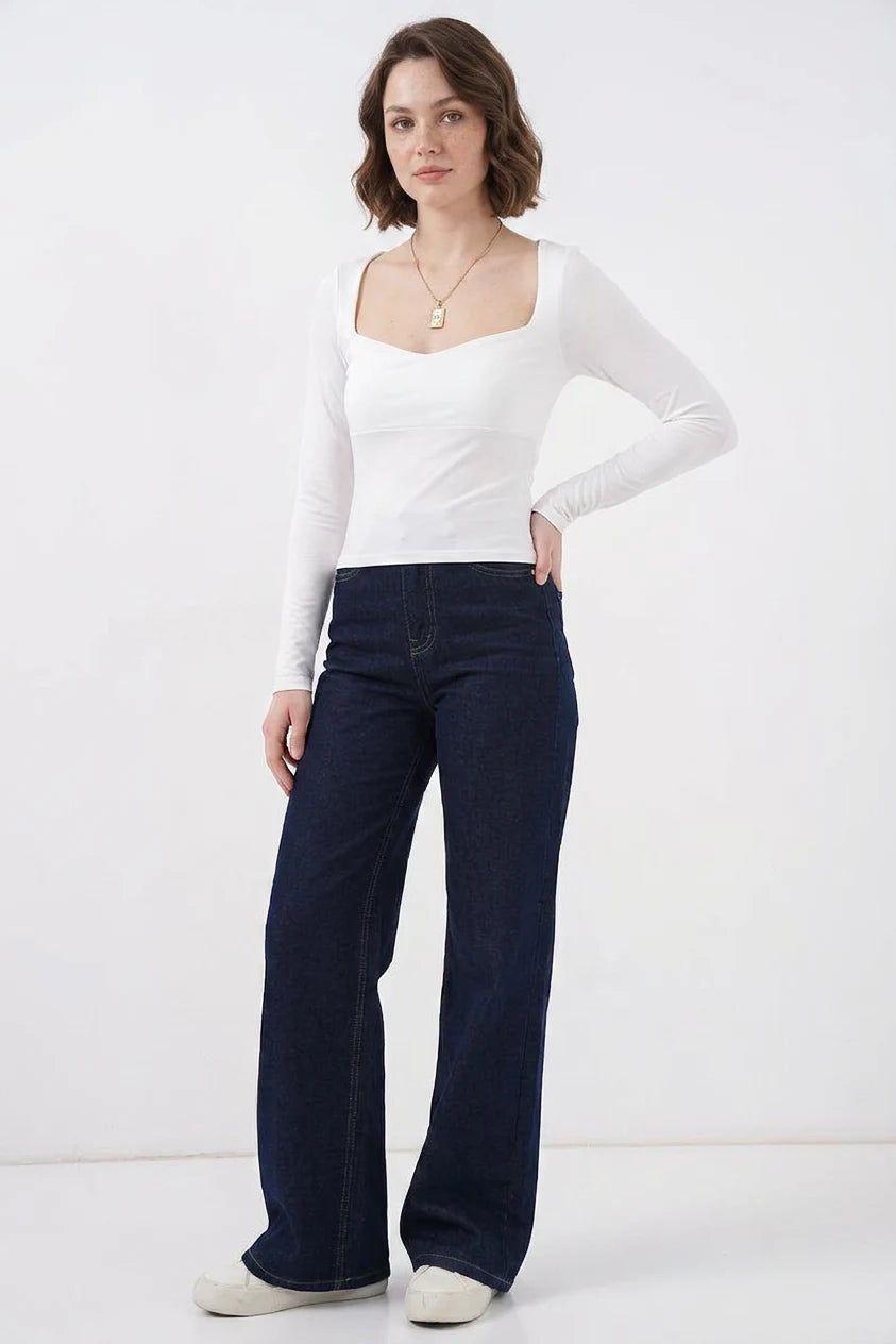 Kadın Kare Yaka Slim Fit Uzun Kol Bluz