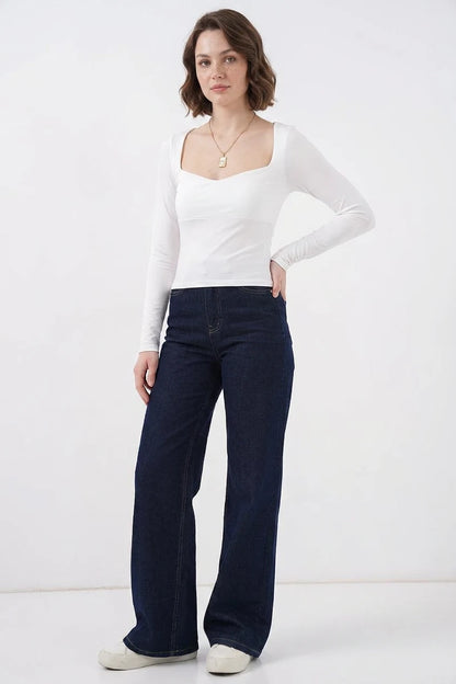 Kadın Kare Yaka Slim Fit Uzun Kol Bluz