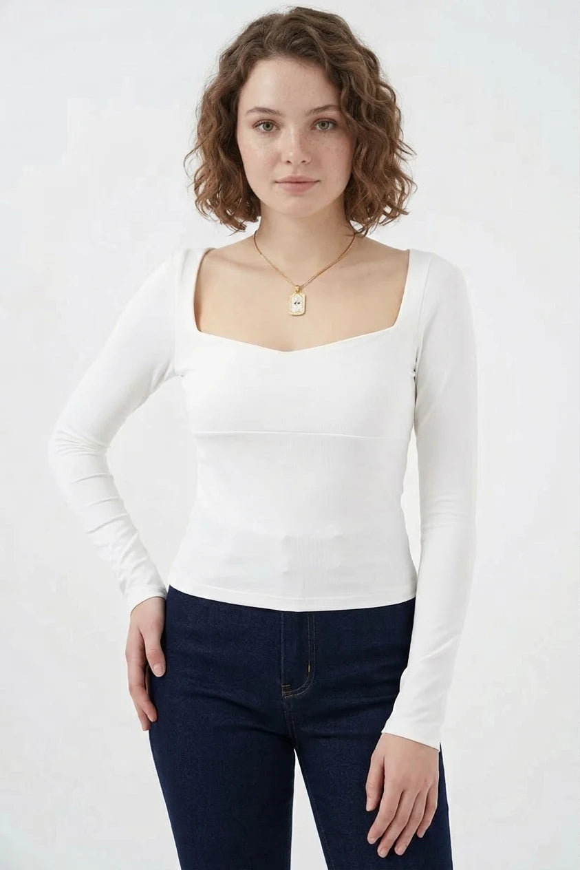 Kadın Kare Yaka Slim Fit Uzun Kol Bluz