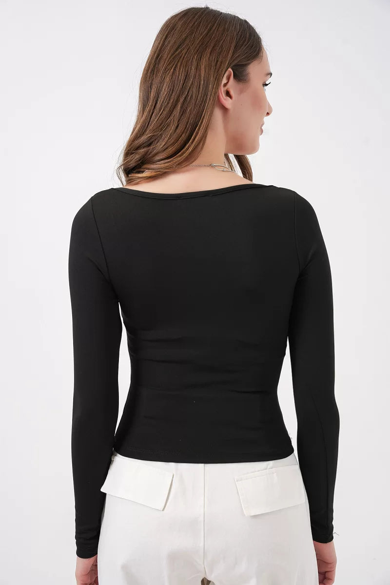 Kadın Kare Yaka Slim Fit Uzun Kol Bluz