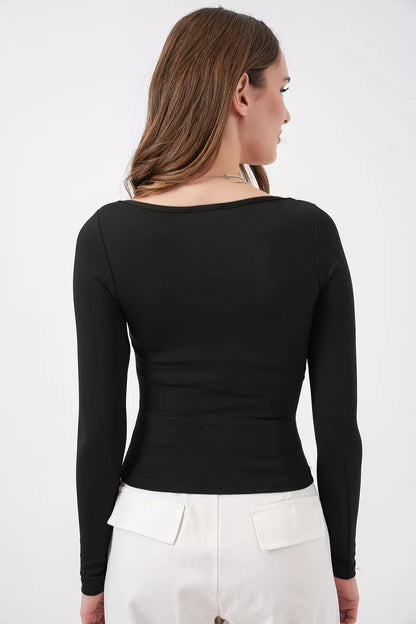 Kadın Kare Yaka Slim Fit Uzun Kol Bluz