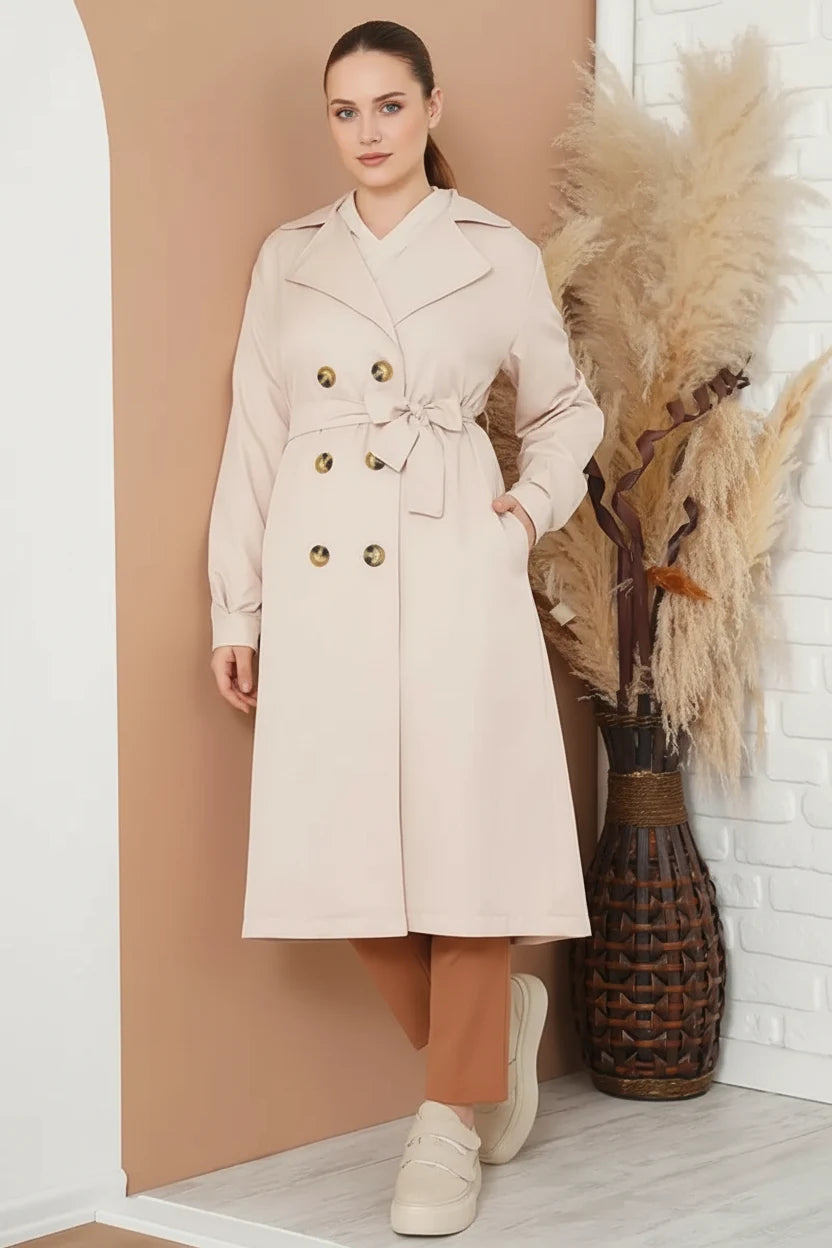 Kadın Kruvaze Yaka Kemerli Çift Düğmeli Bej Tesettür Trençkot