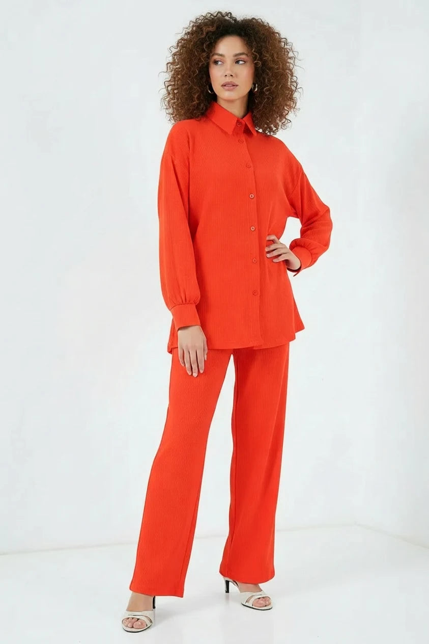 Kadın Gömlek Yaka Düğmeli Turuncu Tesettür İkili Takım