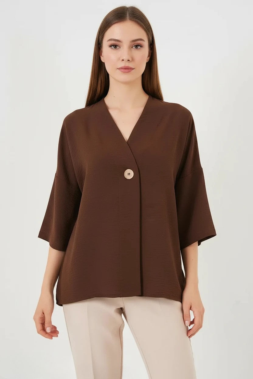 Kadın V Yaka Kısa Kol Oversize Kahverengi Kimono