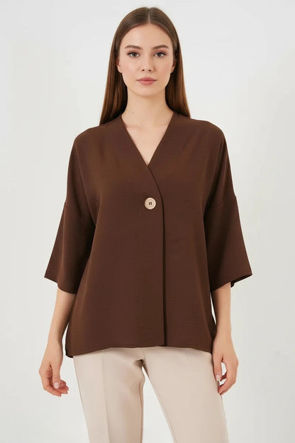 Kadın V Yaka Kısa Kol Oversize Kahverengi Kimono