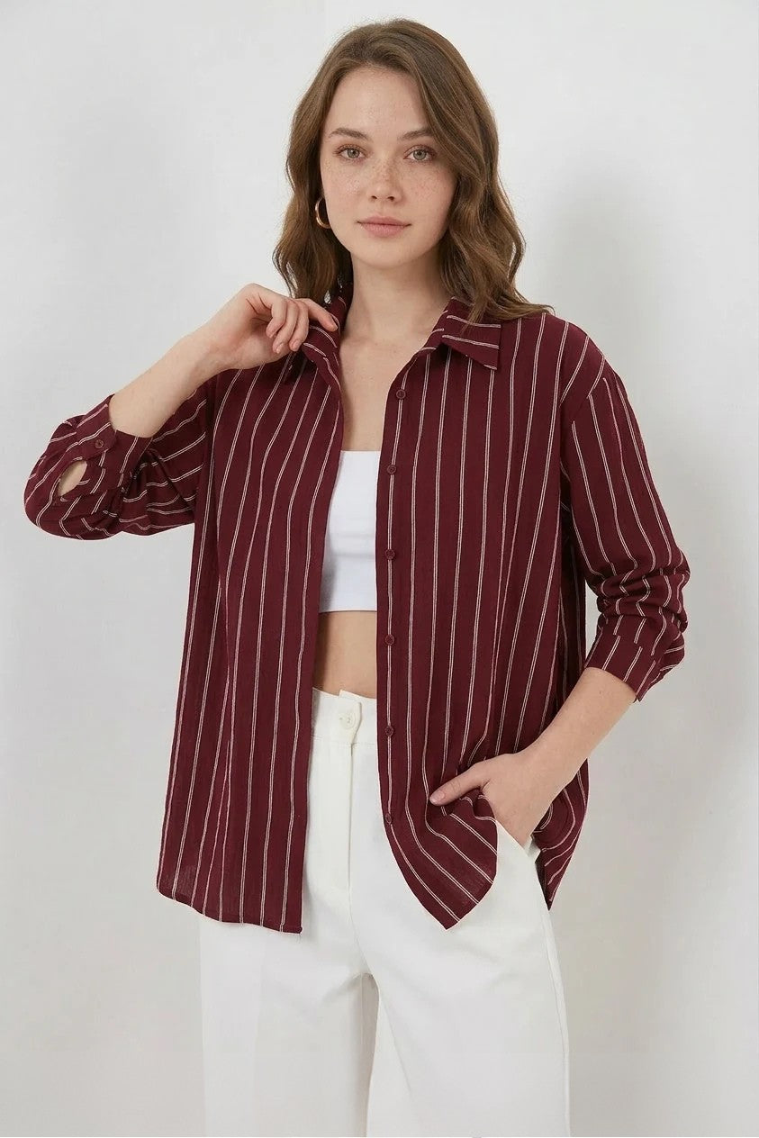 Kadın Oversize Çizgili Viskon Gömlek – Renk Seçenekleri 1
