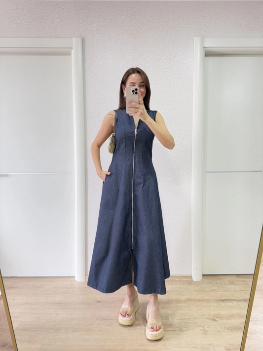 Kadın Jeans Kot Önü Tam Fermuarlı  Uzun Elbise - Mavi