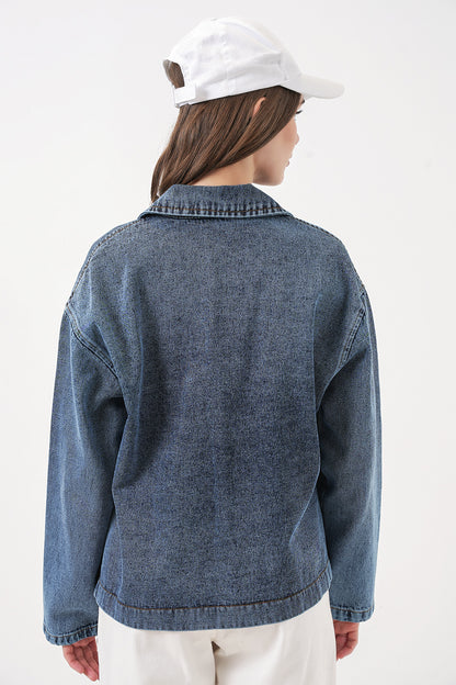 Kadın Klasik Yaka Çift Cepli Denim Lacivert Ceket