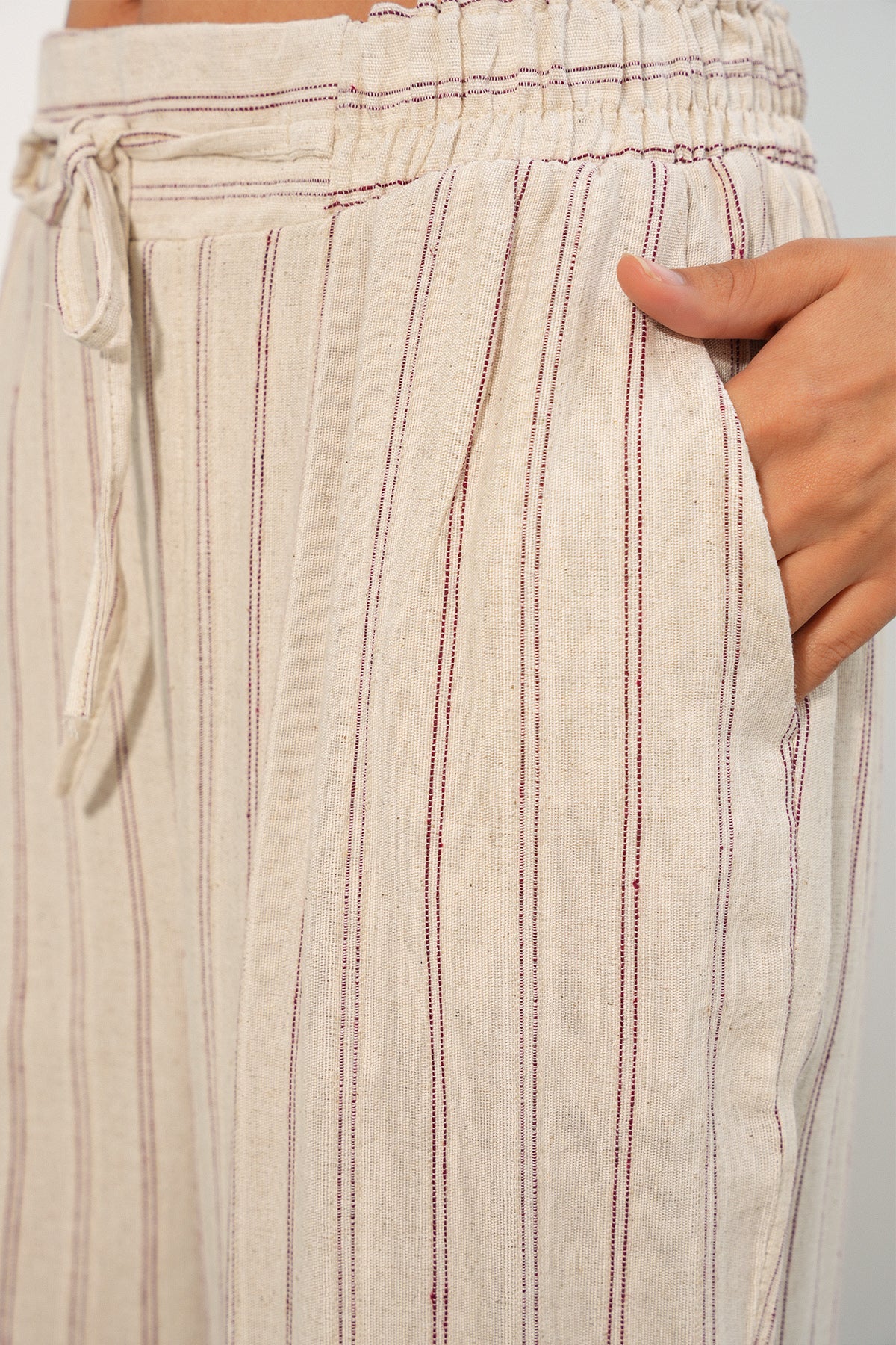 Kadın Beli İpli Çizgili Keten Fuşya Pantolon