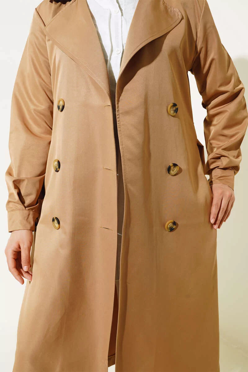 Kadın Kruvaze Yaka Kemerli Taba Tesettür Trençkot