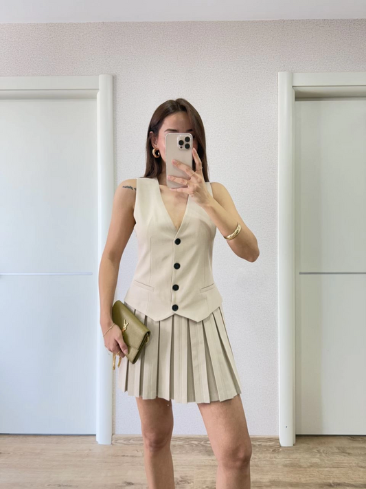 Kadın Keten Takım Görünümlü Düğme Detaylı Yelekli Mini Elbise - Bej