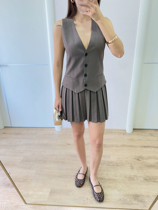 Kadın Keten Takım Görünümlü Düğme Detaylı Yelekli Mini Elbise - Füme