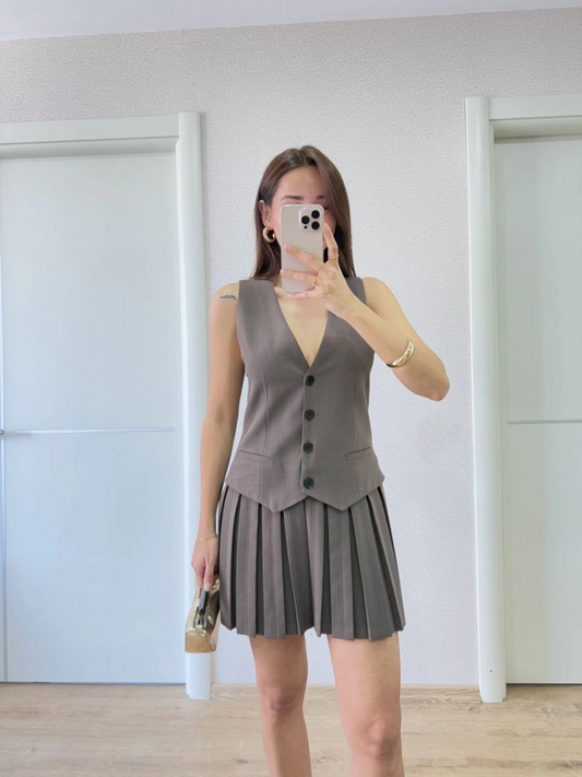 Kadın Keten Takım Görünümlü Düğme Detaylı Yelekli Mini Elbise - Füme